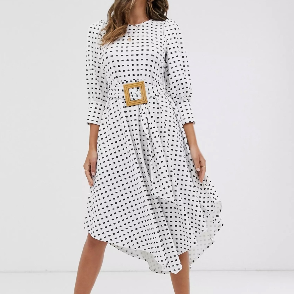 ASOS DESIGN printed midi tea dress with asymmetric skirt and woven buckle - Picture 2 of 7